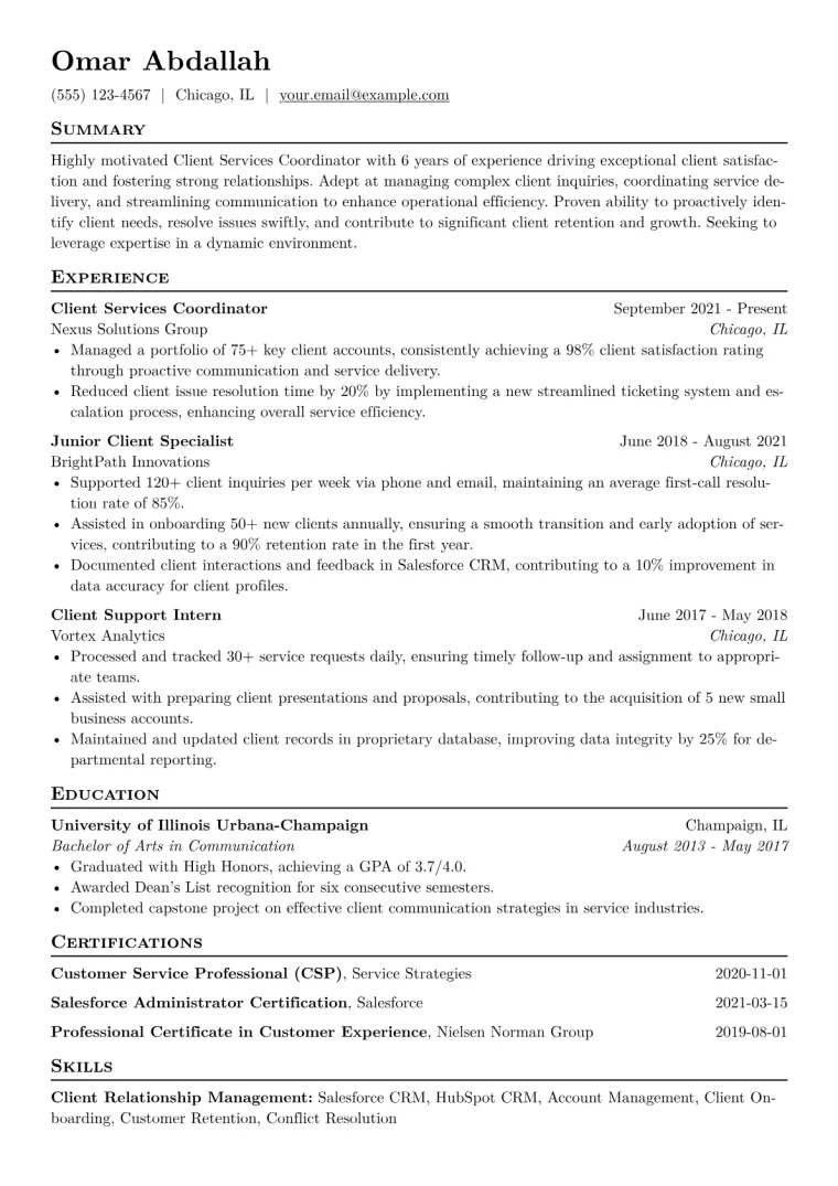 Client Services Coordinator Resume Example CV template preview