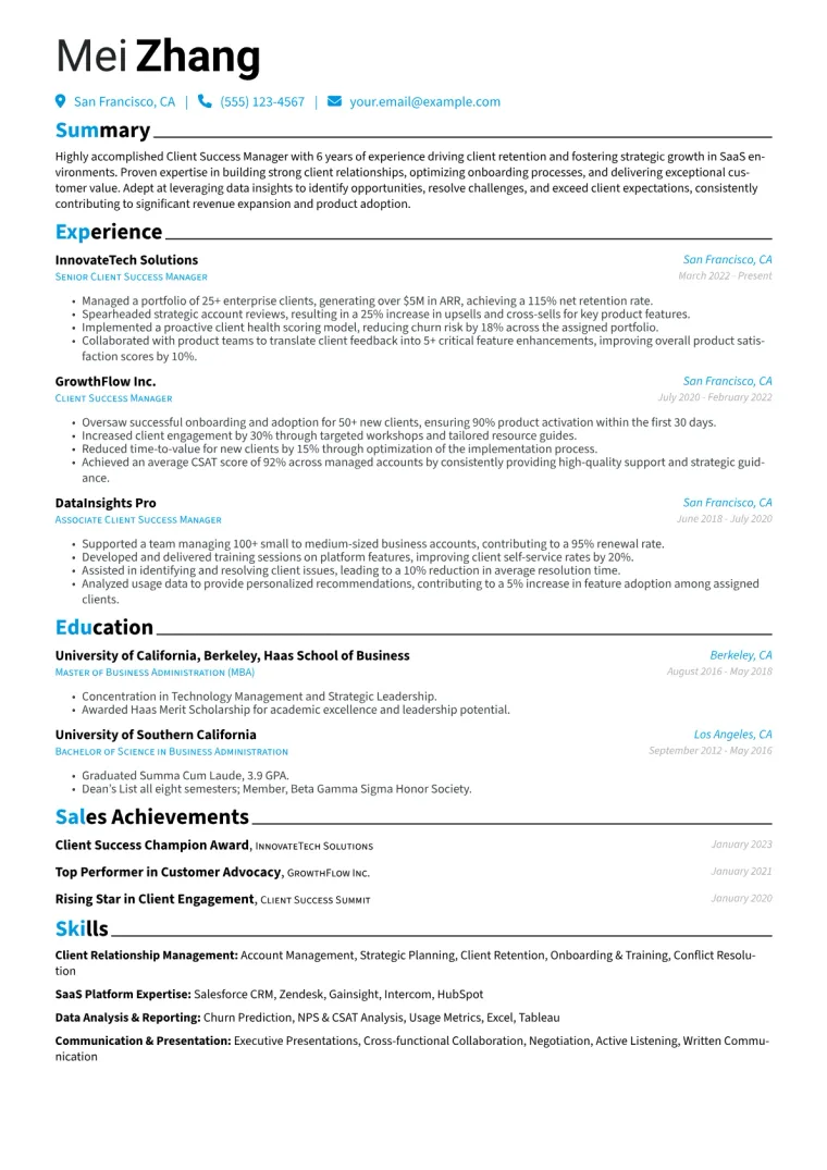 Client Success Manager Resume Example