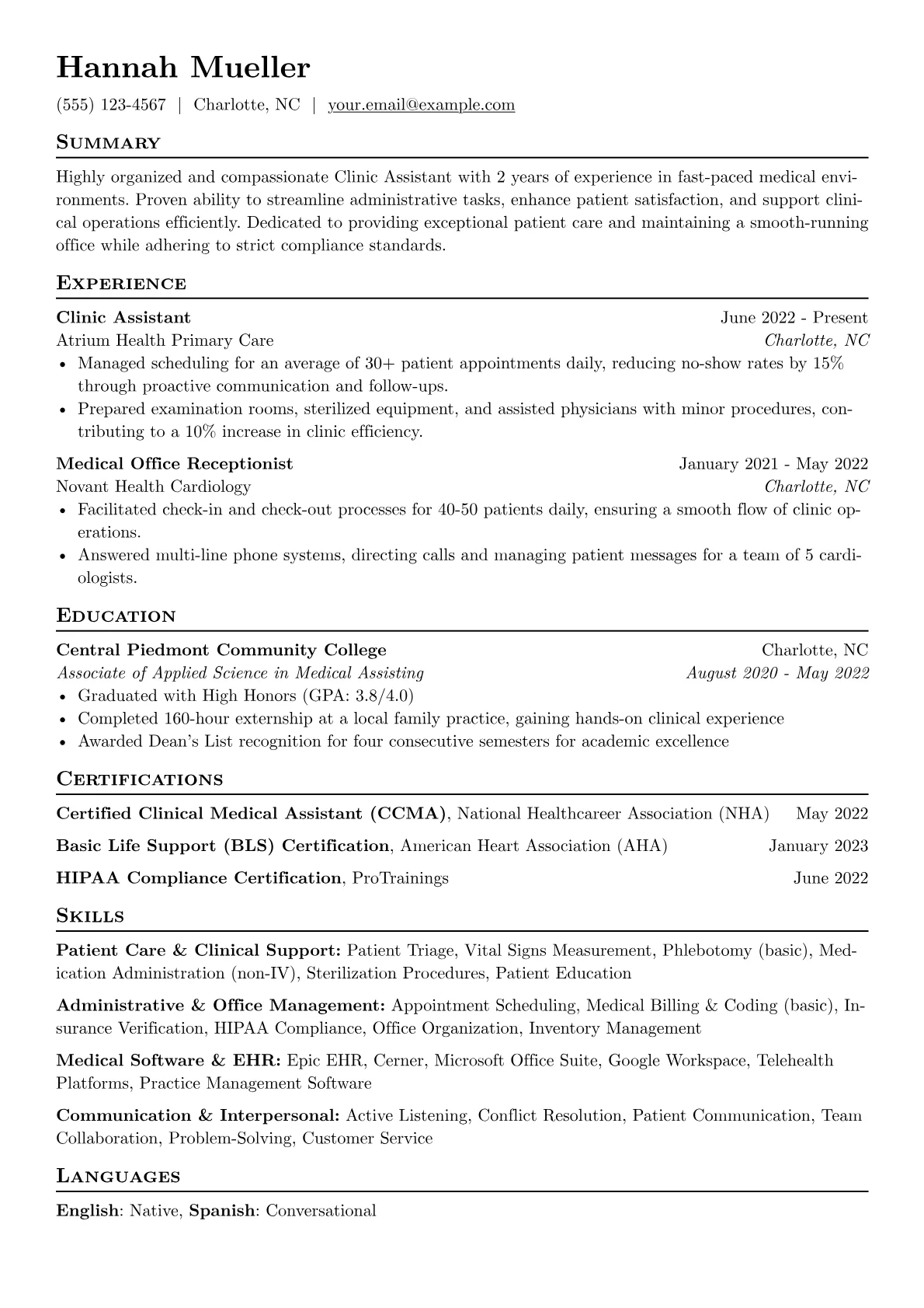 Clinic Assistant Resume Example CV template - Page 1