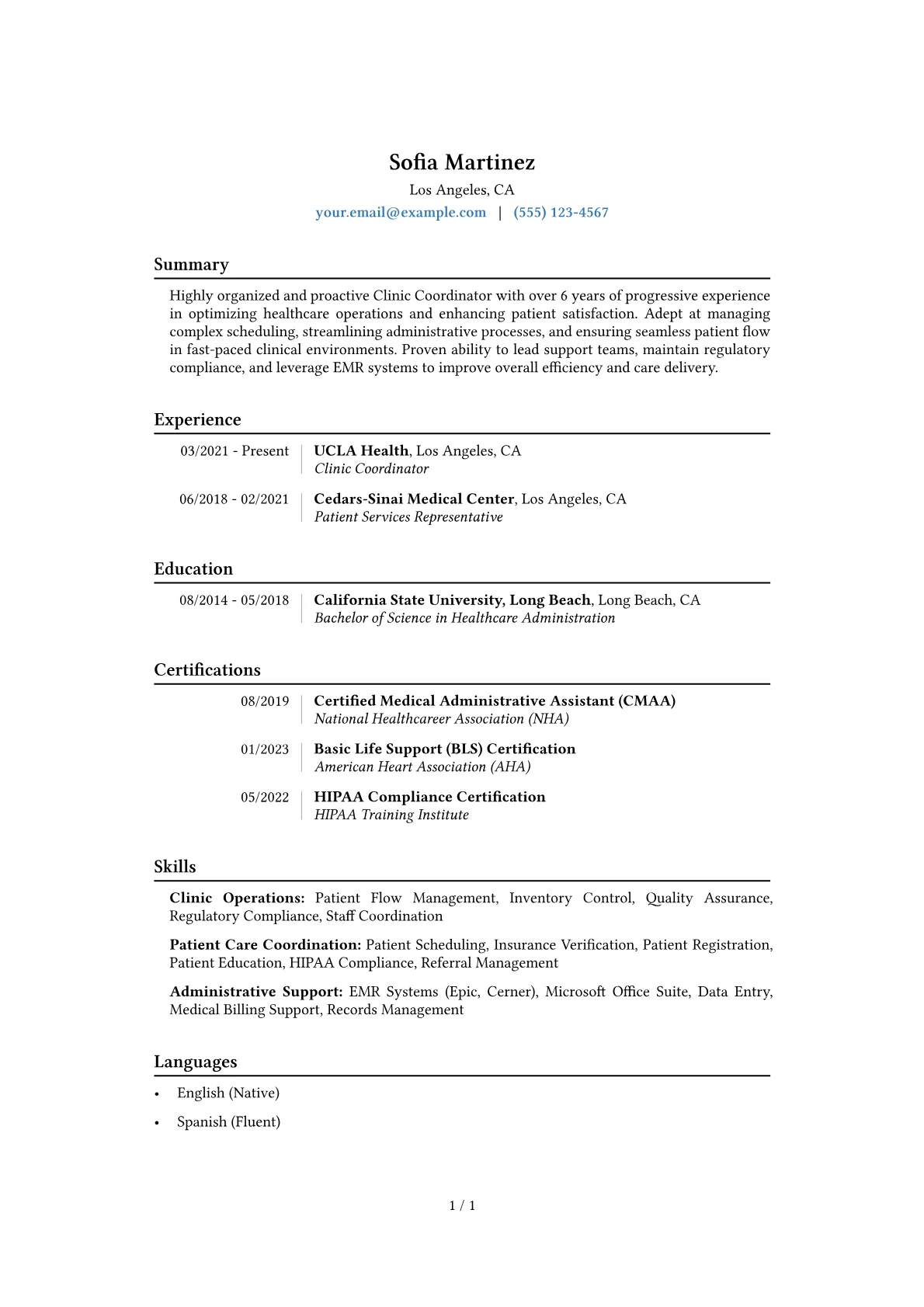 Clinic Coordinator Resume Example CV template - Page 1