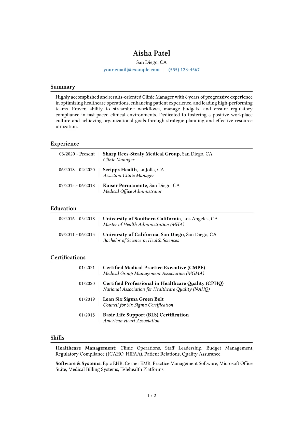 Clinic Manager Resume Example CV template - Page 1