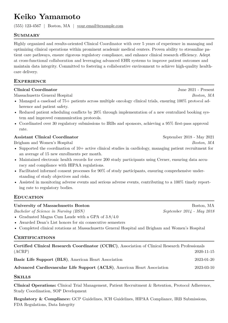Clinical Coordinator Resume Example CV template preview