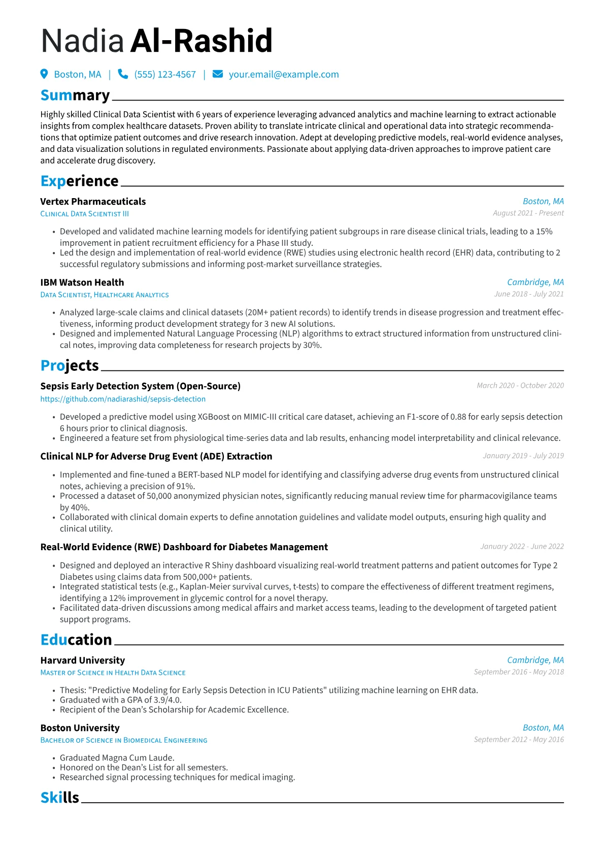 Clinical Data Scientist Resume Example CV template - Page 1