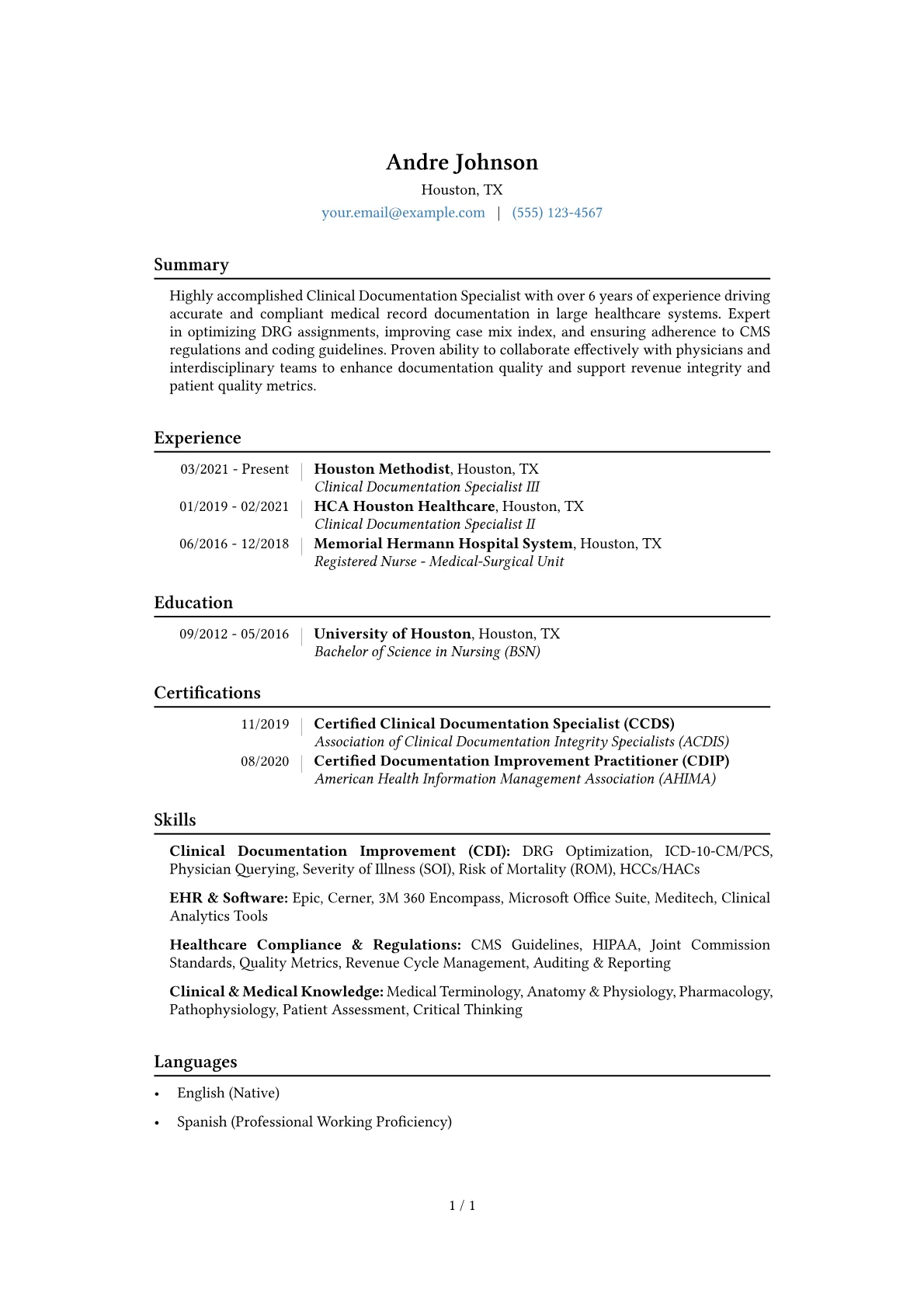 Clinical Documentation Specialist Resume Example CV template - Page 1