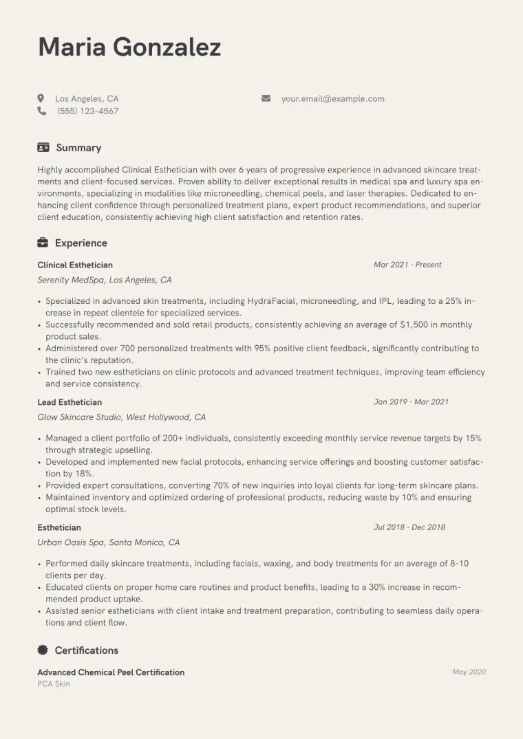 Clinical Esthetician Resume Example CV template preview
