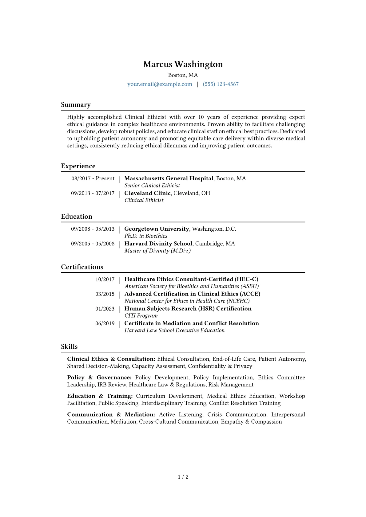 Clinical Ethicist Resume Example CV template - Page 1