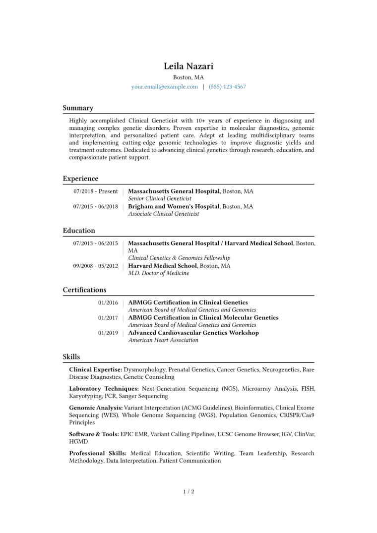 Clinical Geneticist Resume Example CV template preview