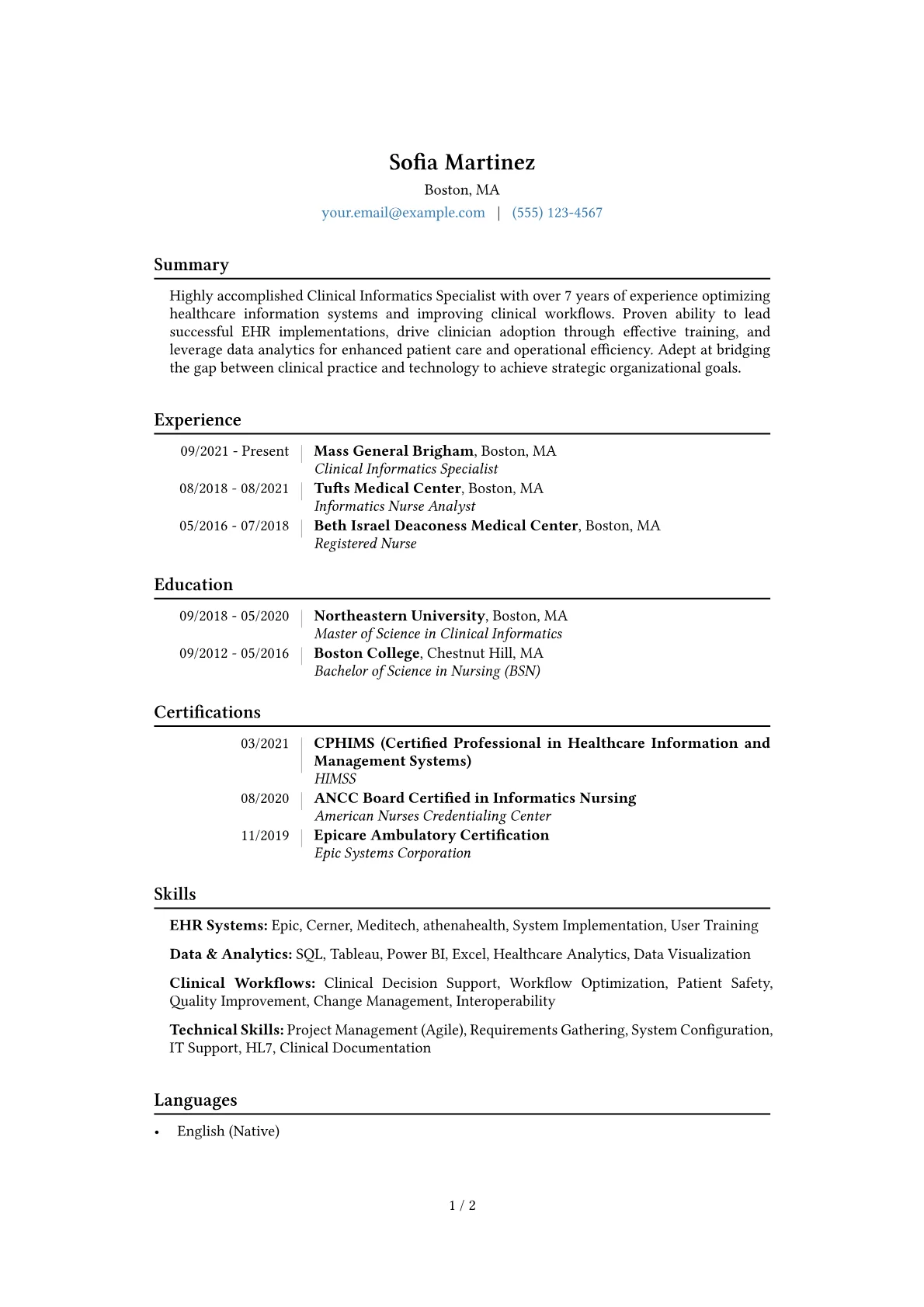 Clinical Informatics Specialist Resume Example CV template - Page 1