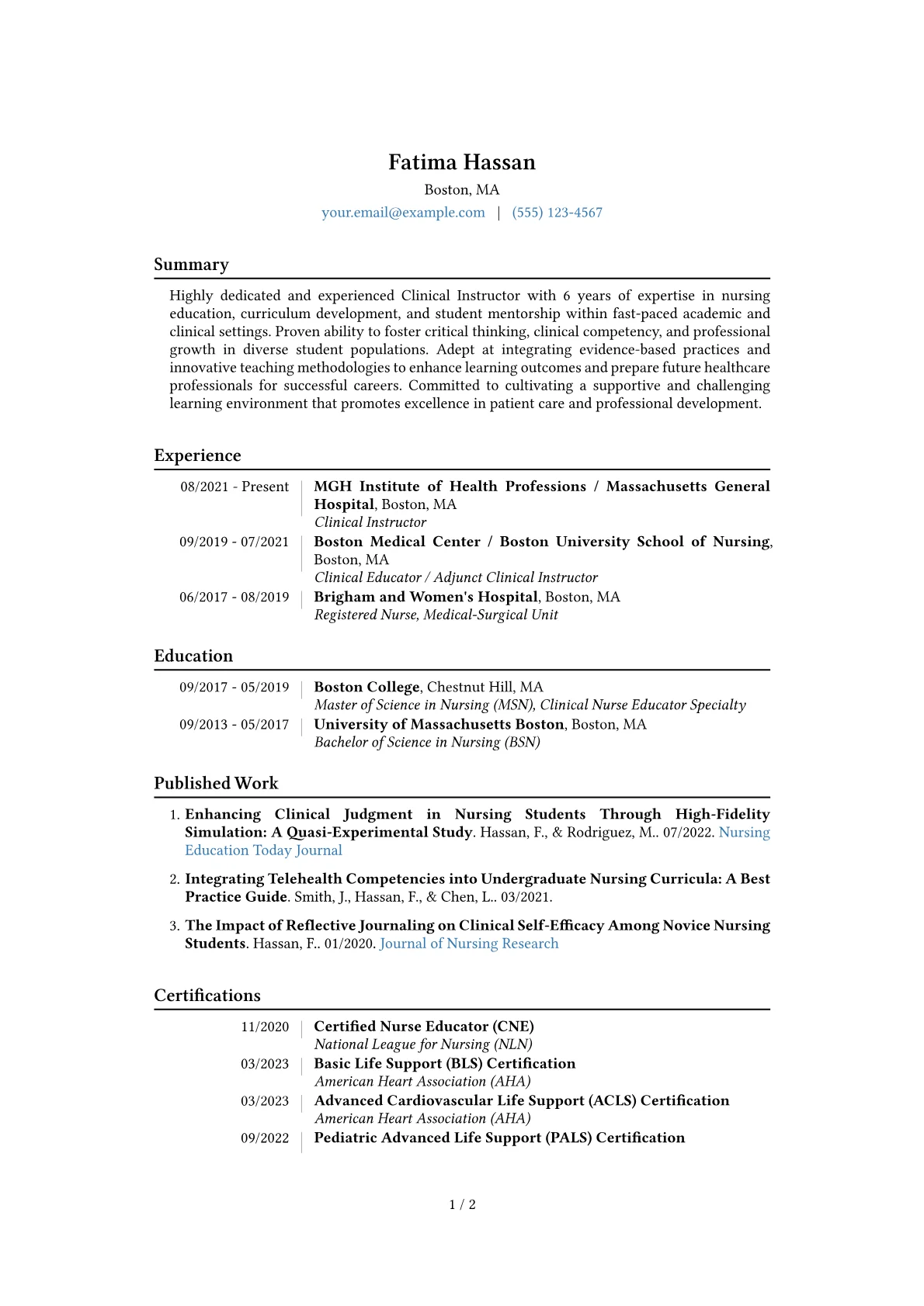 Clinical Instructor Resume Example CV template - Page 1