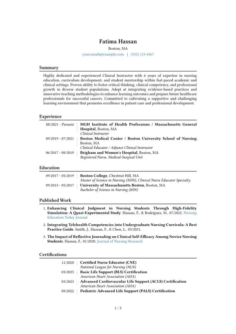 Clinical Instructor Resume Example