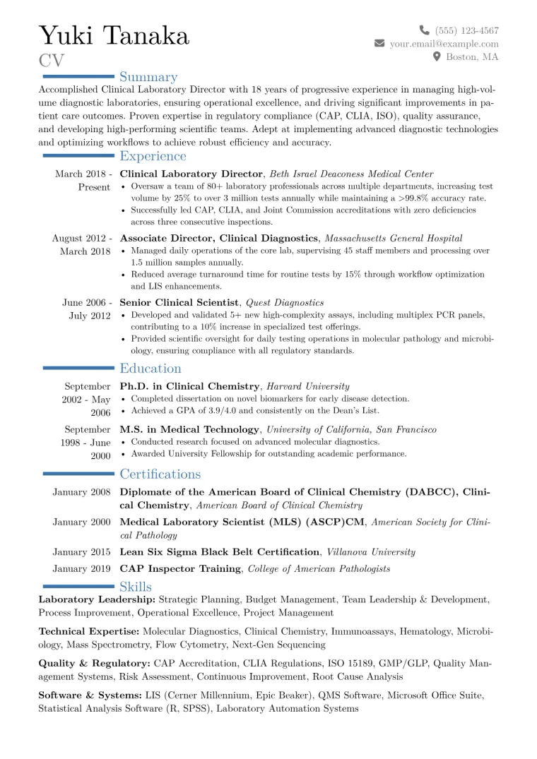 Clinical Laboratory Director Resume Example CV template preview
