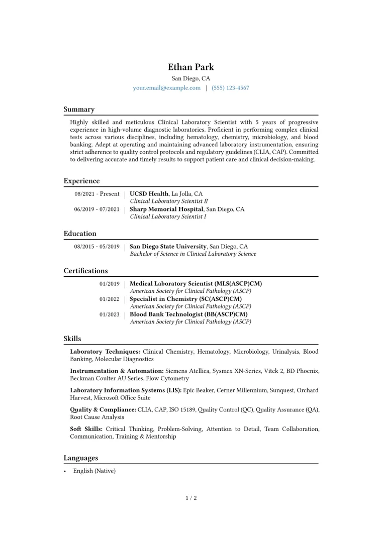 Clinical Laboratory Scientist Resume Example CV template preview