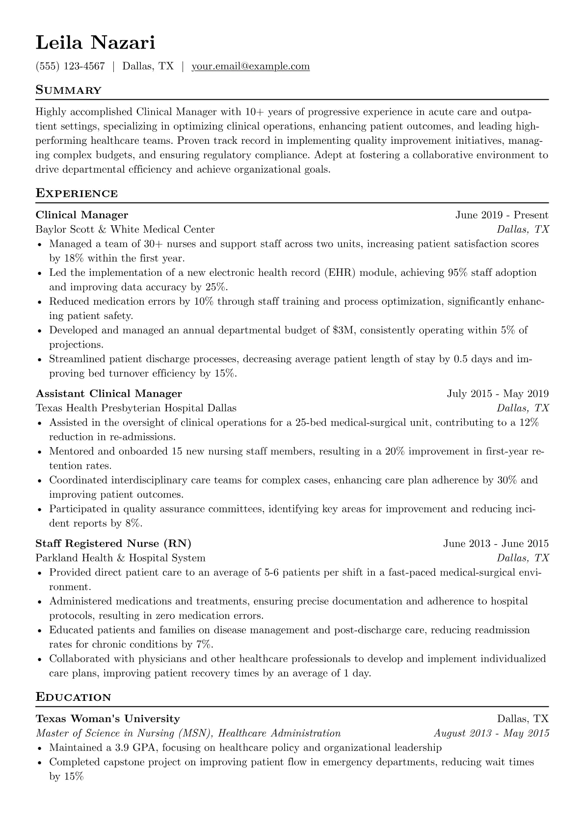 Clinical Manager Resume Example CV template - Page 1