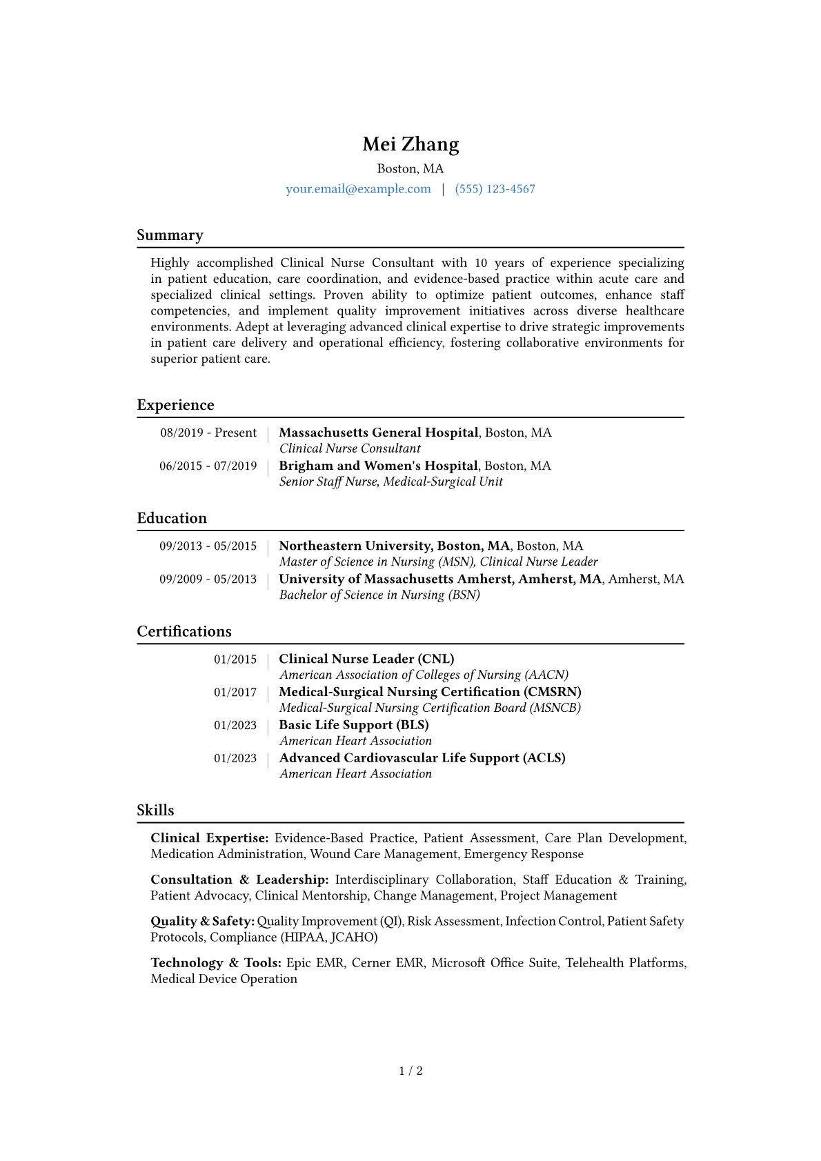 Clinical Nurse Consultant Resume Example CV template - Page 1