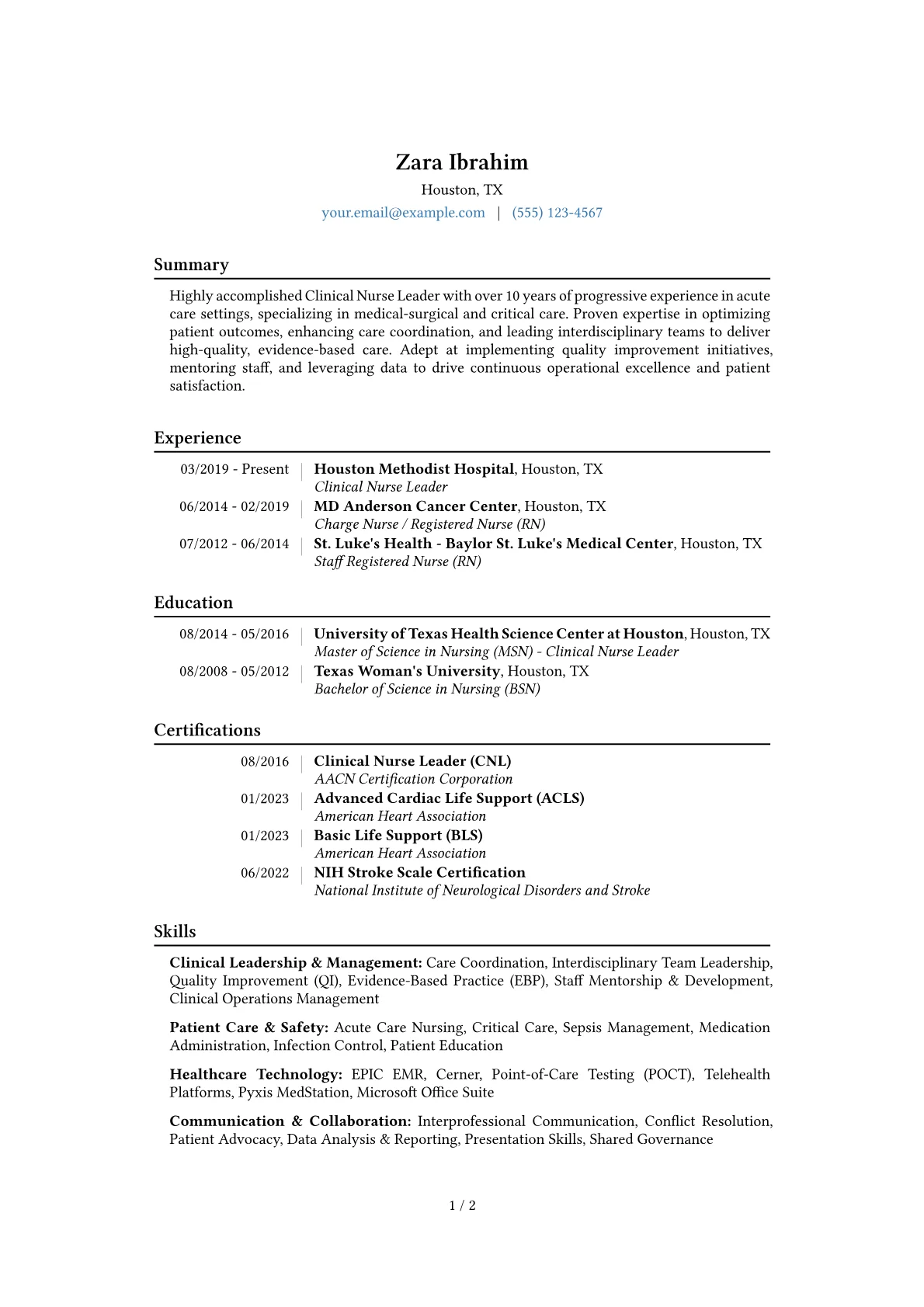 Clinical Nurse Leader Resume Example CV template - Page 1