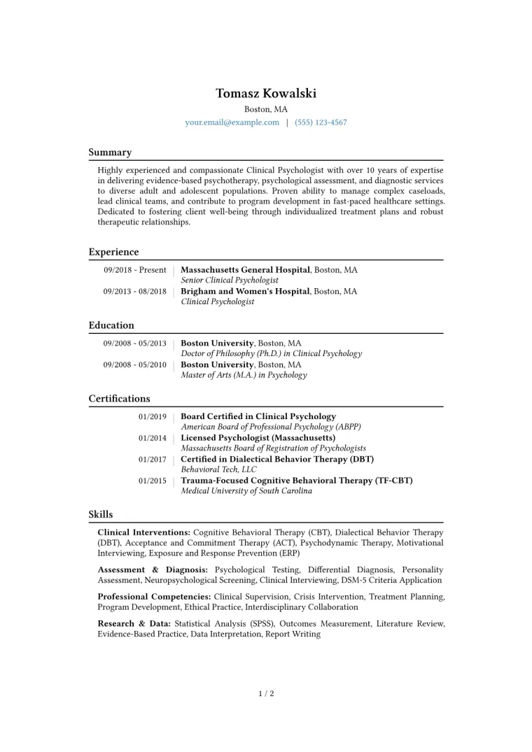 Clinical Psychologist Resume Example CV template preview