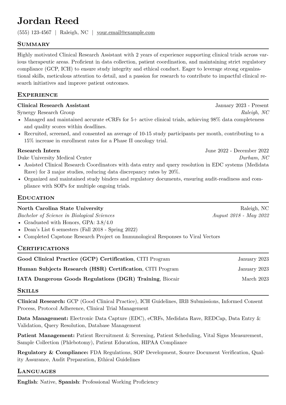 Clinical Research Assistant Resume Example CV template - Page 1