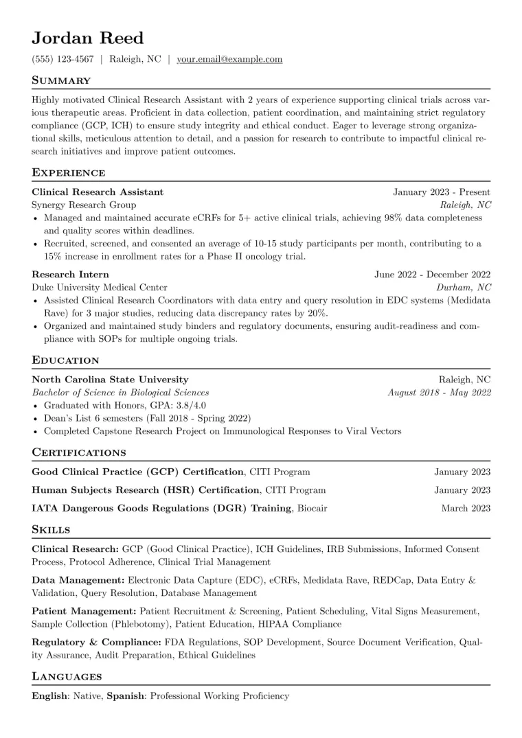 Clinical Research Assistant Resume Example CV template preview