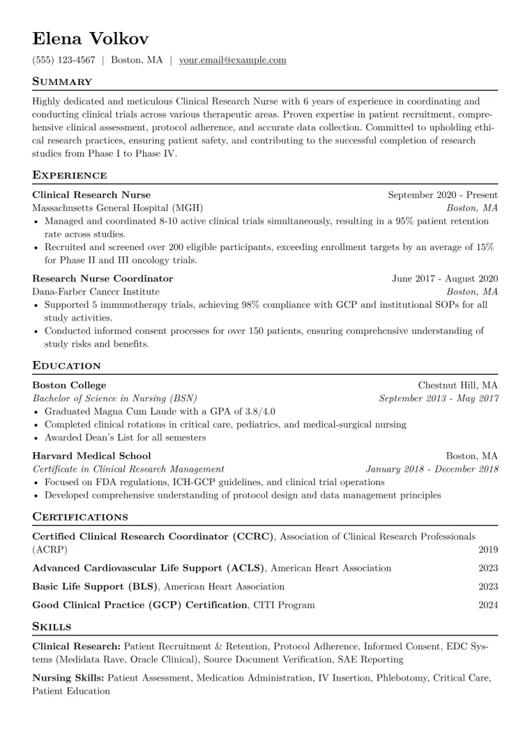 Clinical Research Nurse Resume Example CV template preview