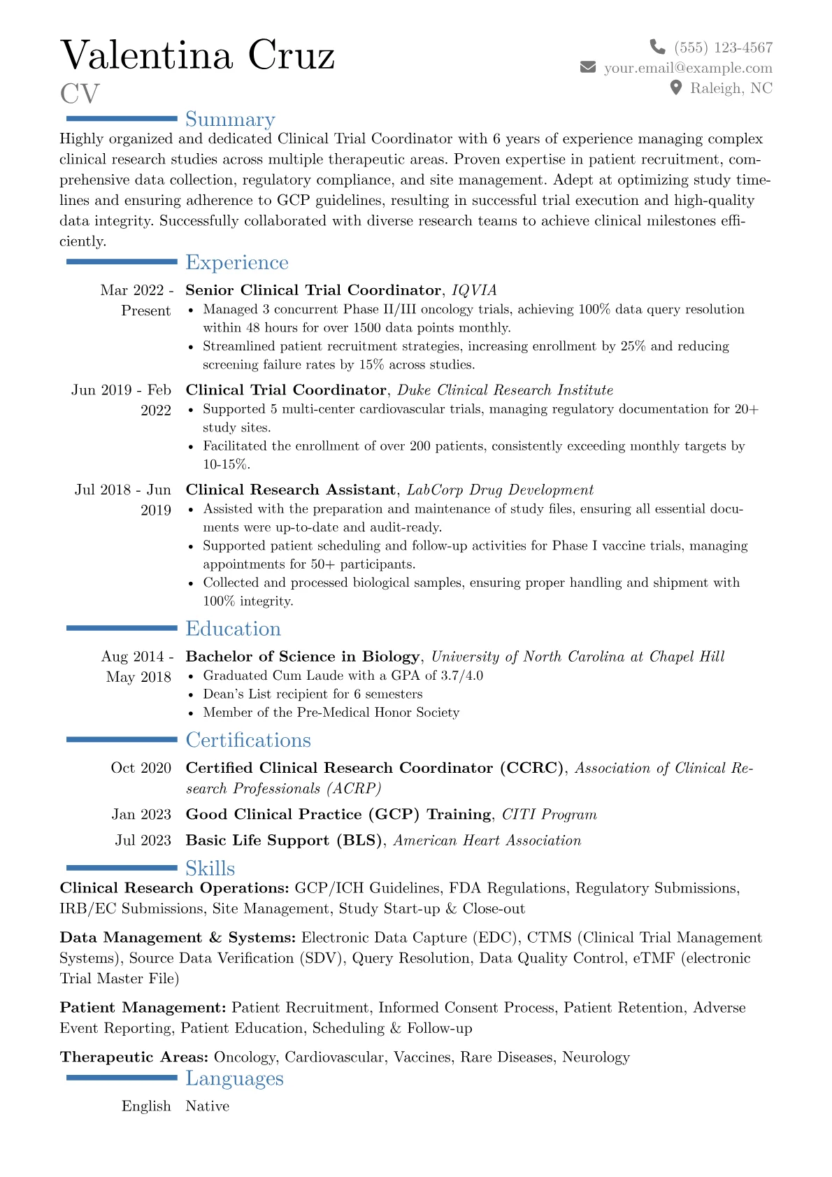 Clinical Trial Coordinator Resume Example CV template - Page 1