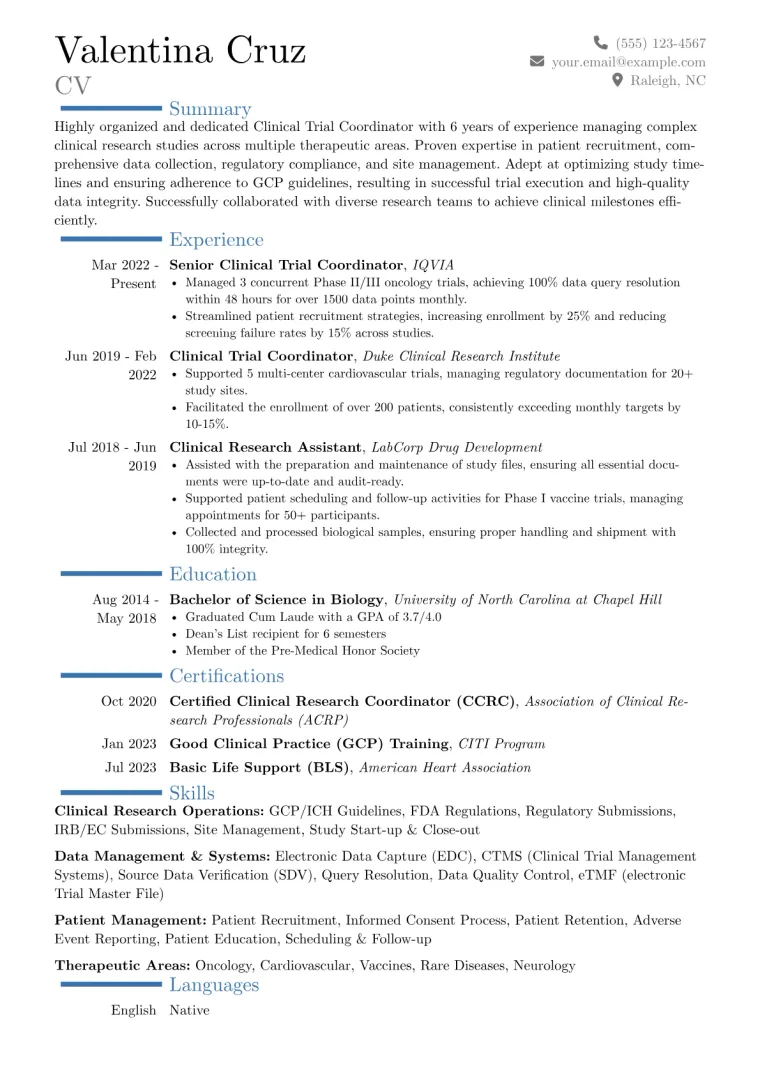 Clinical Trial Coordinator Resume Example CV template preview