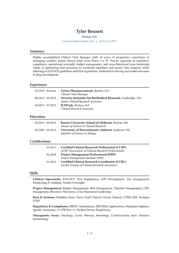 Clinical Trial Manager Resume Example CV template preview