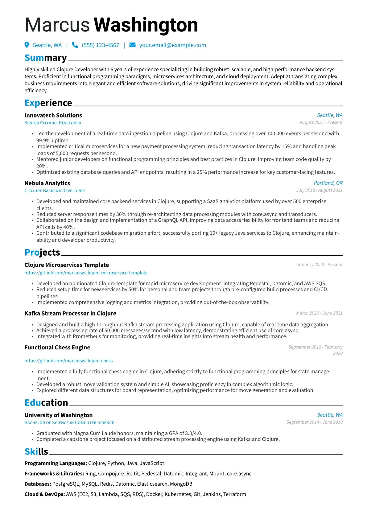 Clojure Developer Resume Example CV template - Page 1