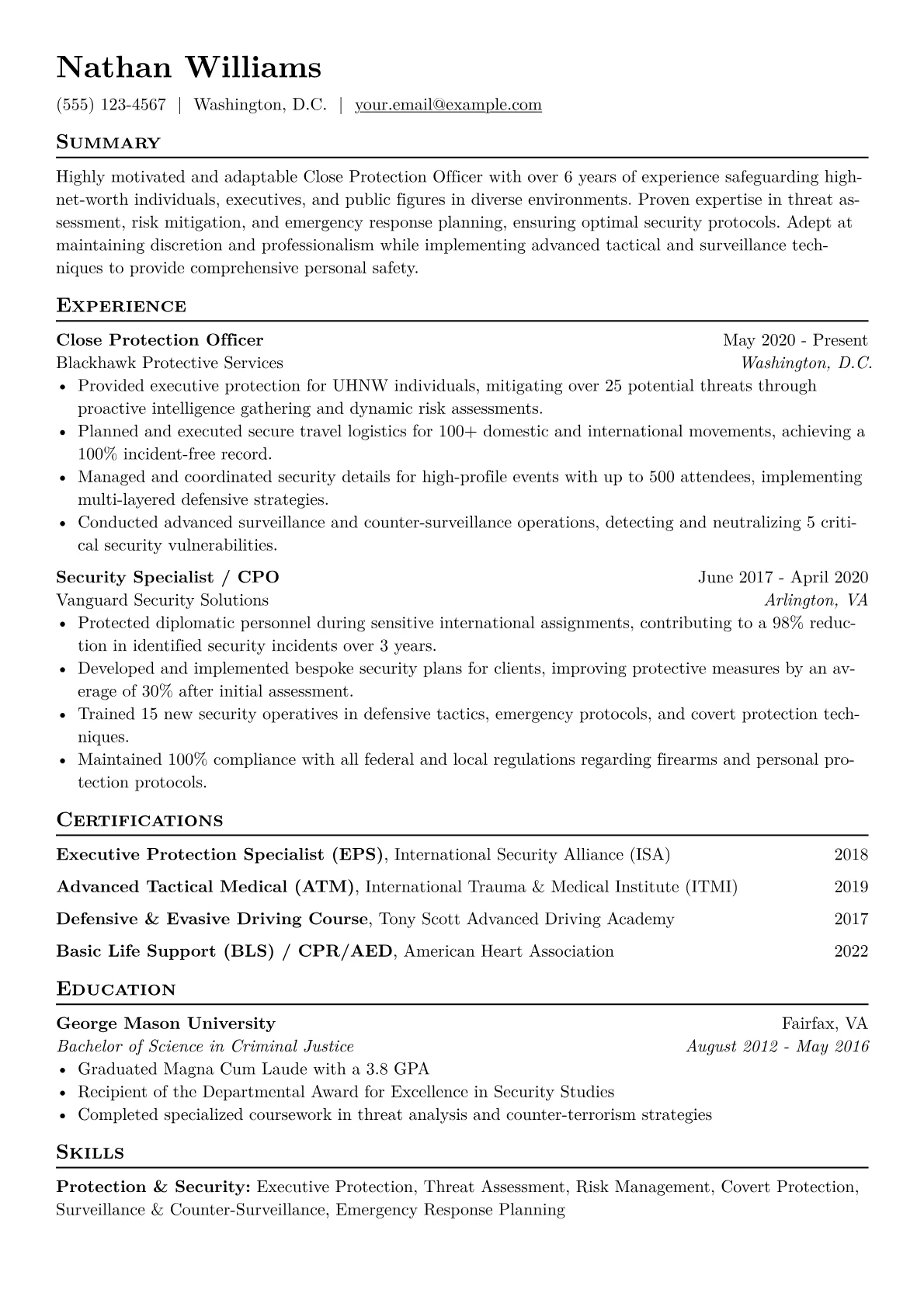 Close Protection Officer Resume Example CV template - Page 1