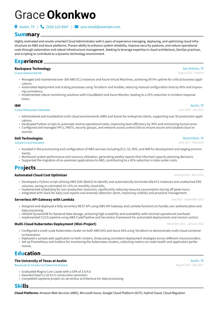 Cloud Administrator Resume Example CV template preview