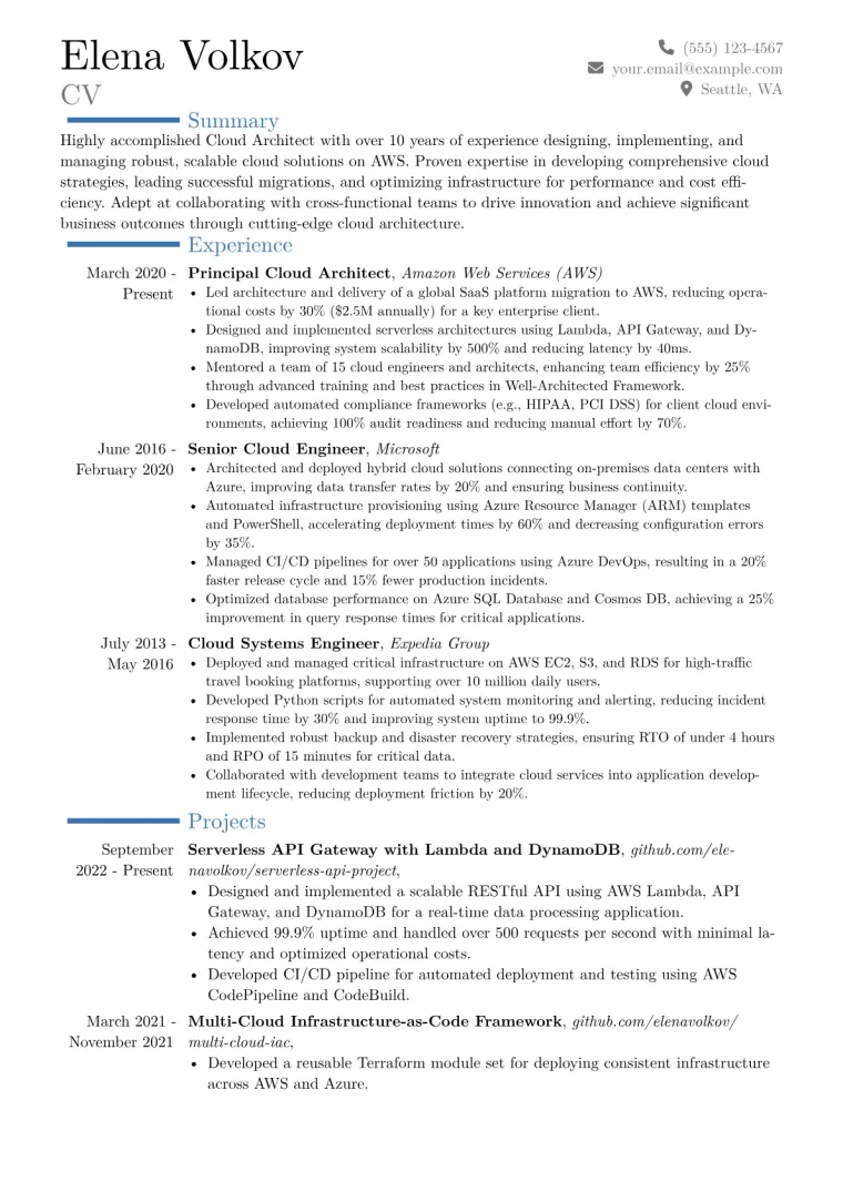 Cloud Architect Resume Example CV template preview