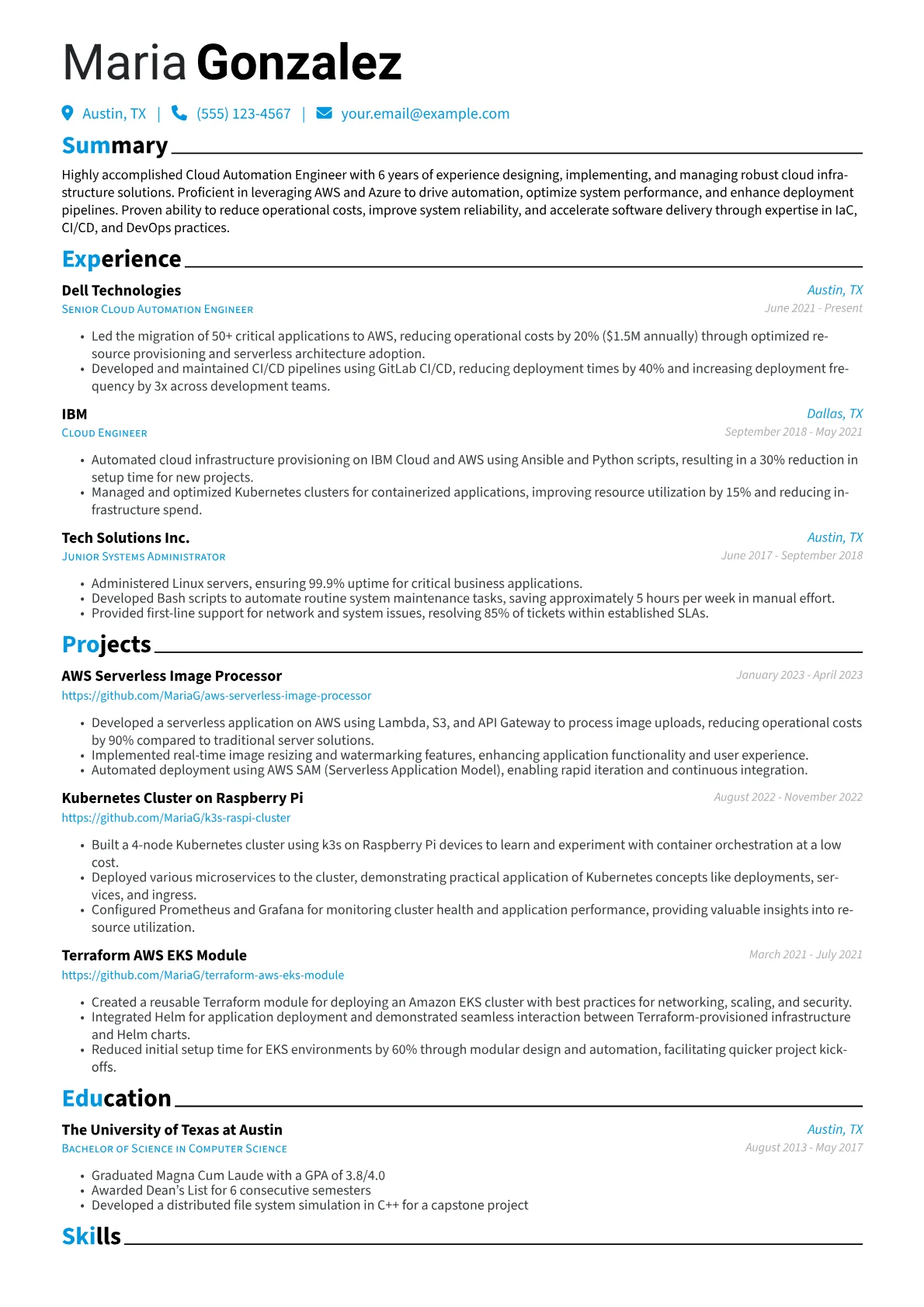 Cloud Automation Engineer Resume Example CV template - Page 1