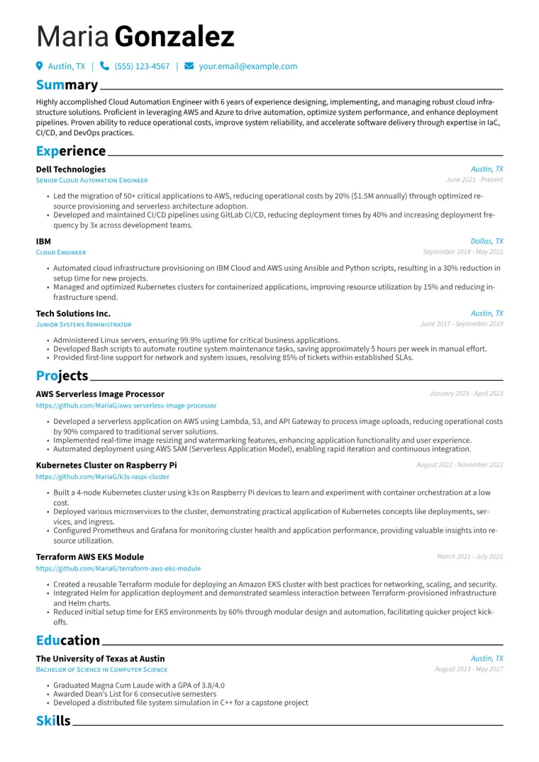 Cloud Automation Engineer Resume Example CV template preview