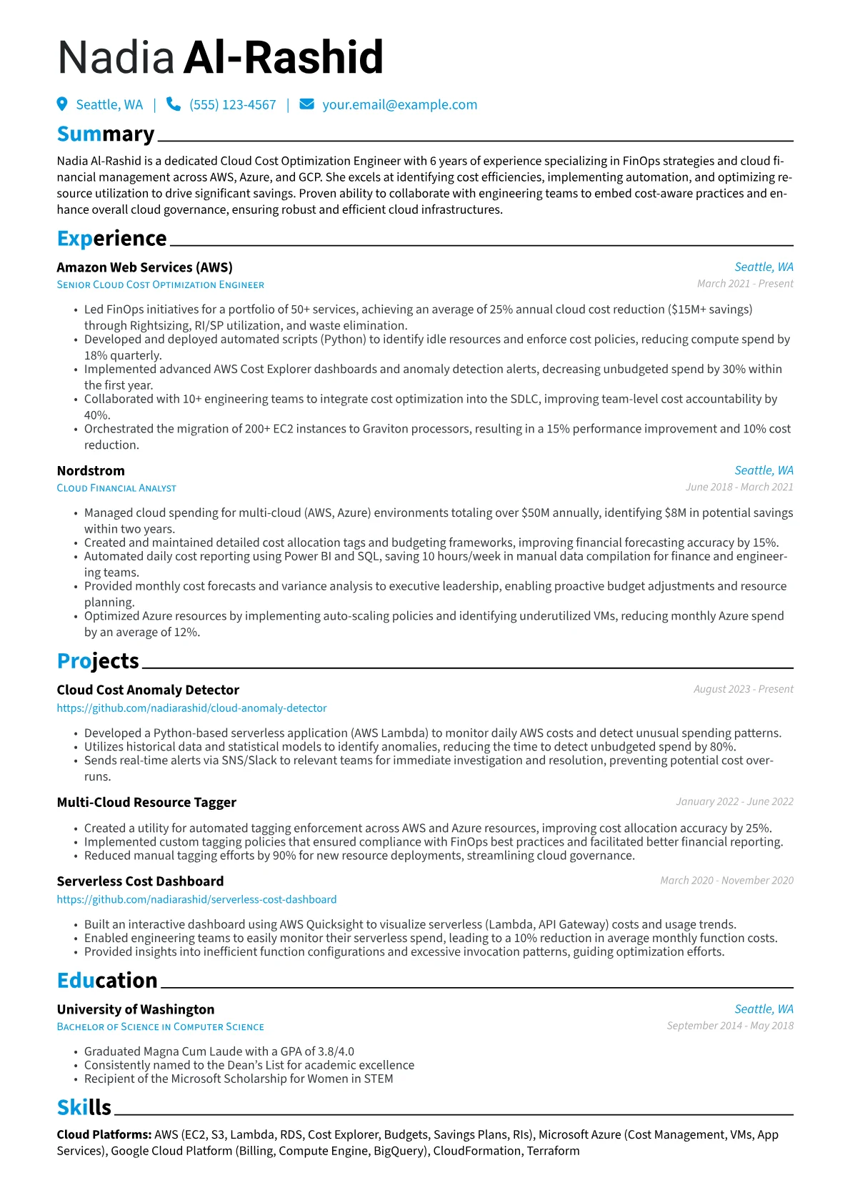 Cloud Cost Optimization Engineer Resume Example CV template - Page 1