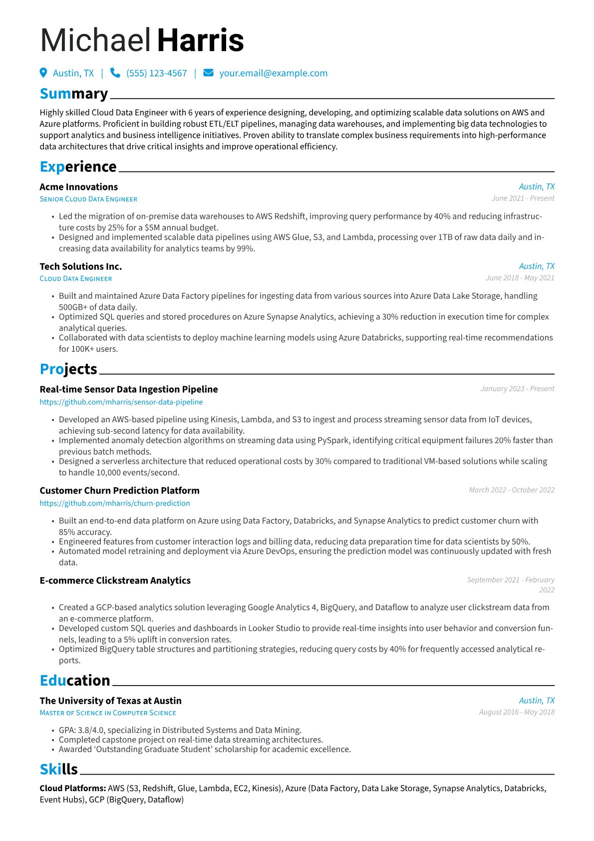 Cloud Data Engineer Resume Example CV template - Page 1