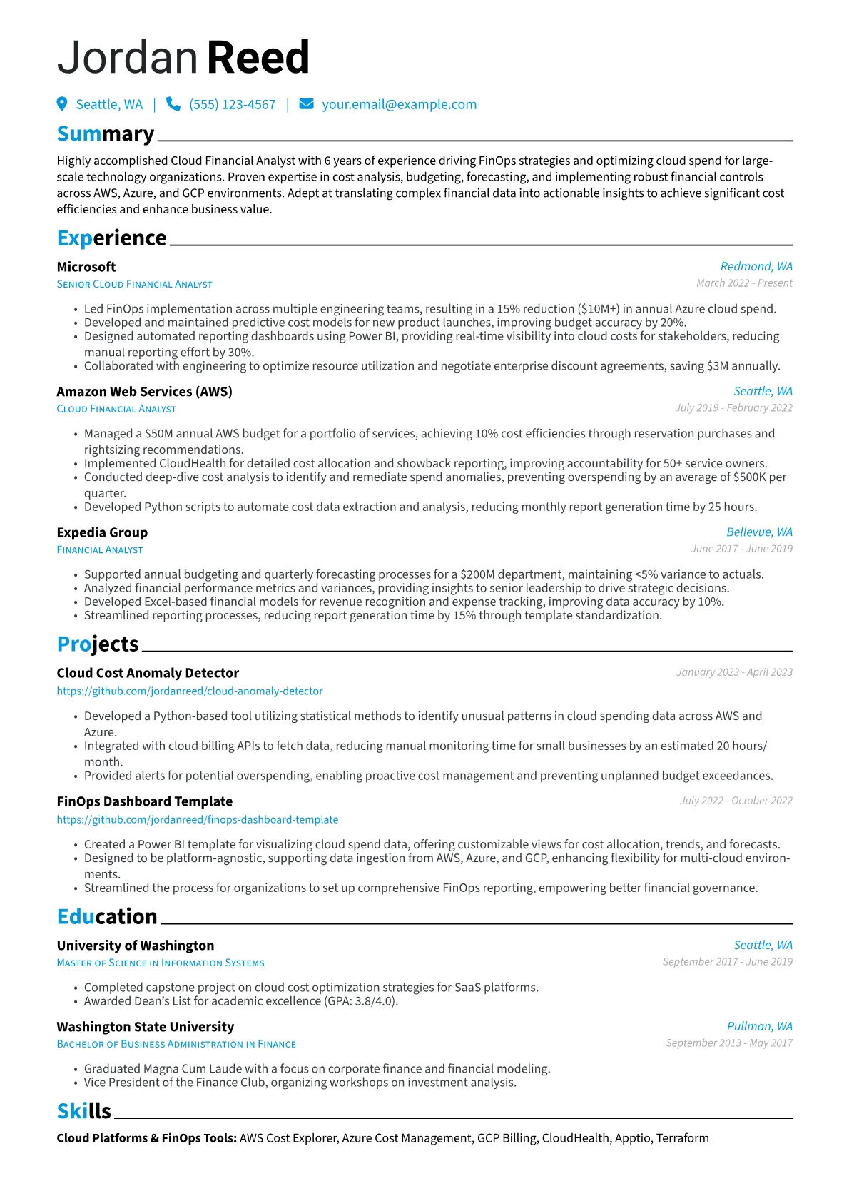 Cloud Financial Analyst Resume Example CV template - Page 1
