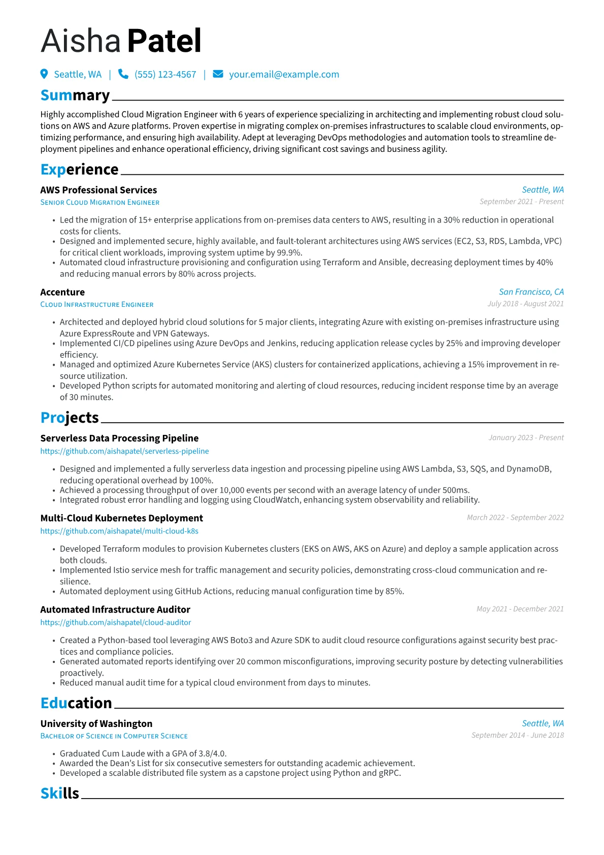 Cloud Migration Engineer Resume Example CV template - Page 1