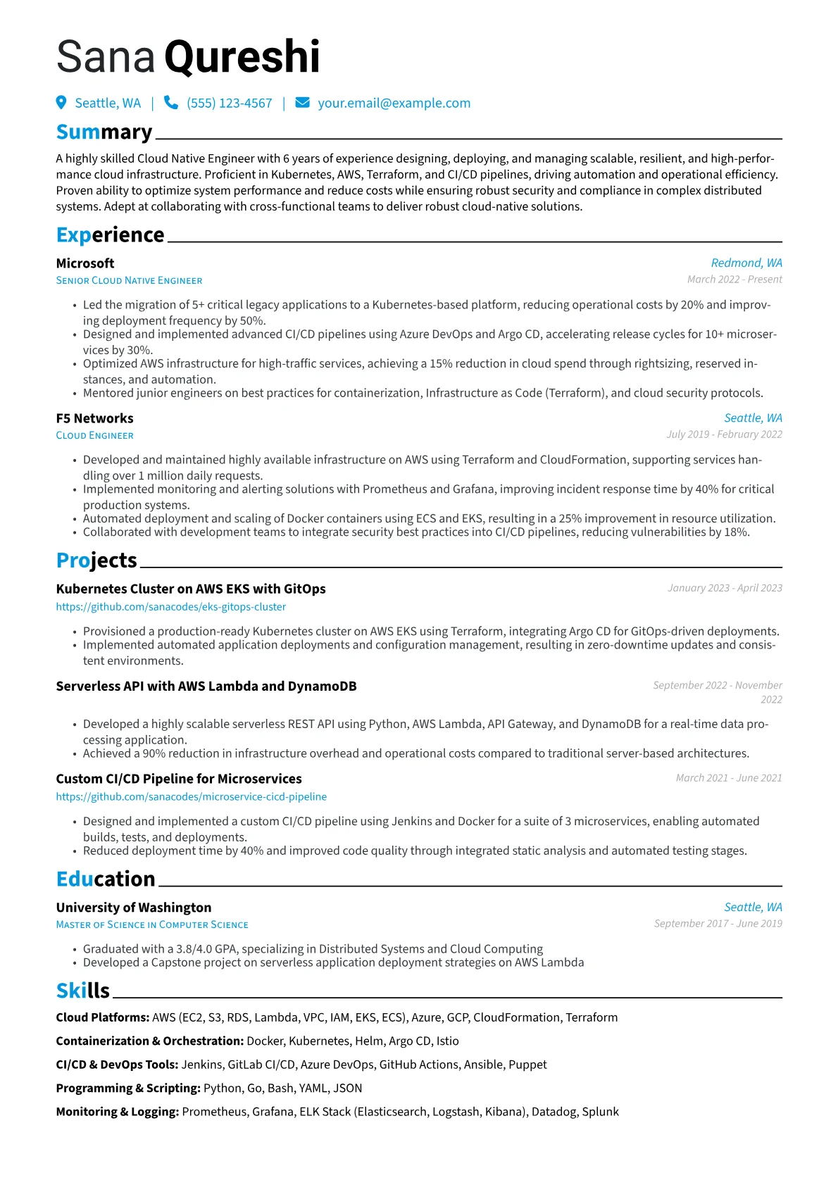 Cloud Native Engineer Resume Example CV template - Page 1