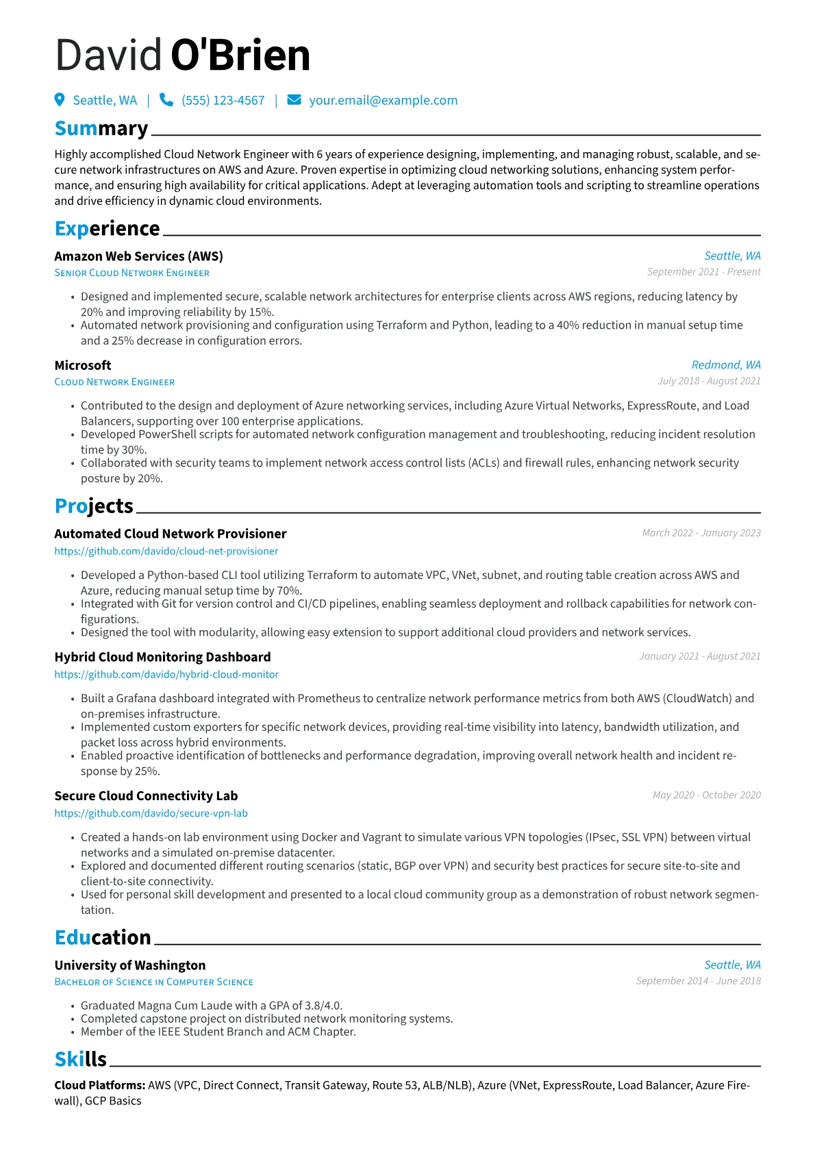 Cloud Network Engineer Resume Example CV template - Page 1