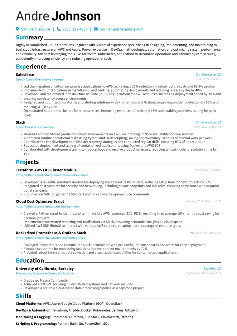 Cloud Operations Engineer Resume Example CV template preview
