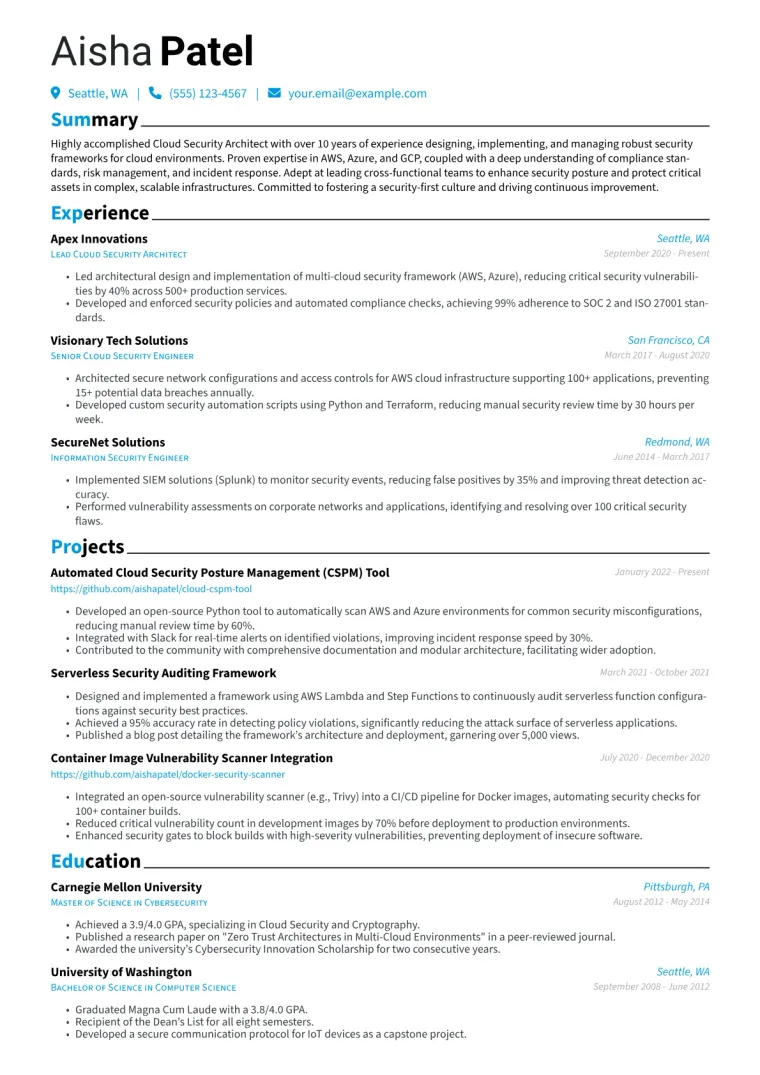 Cloud Security Architect Resume Example CV template preview
