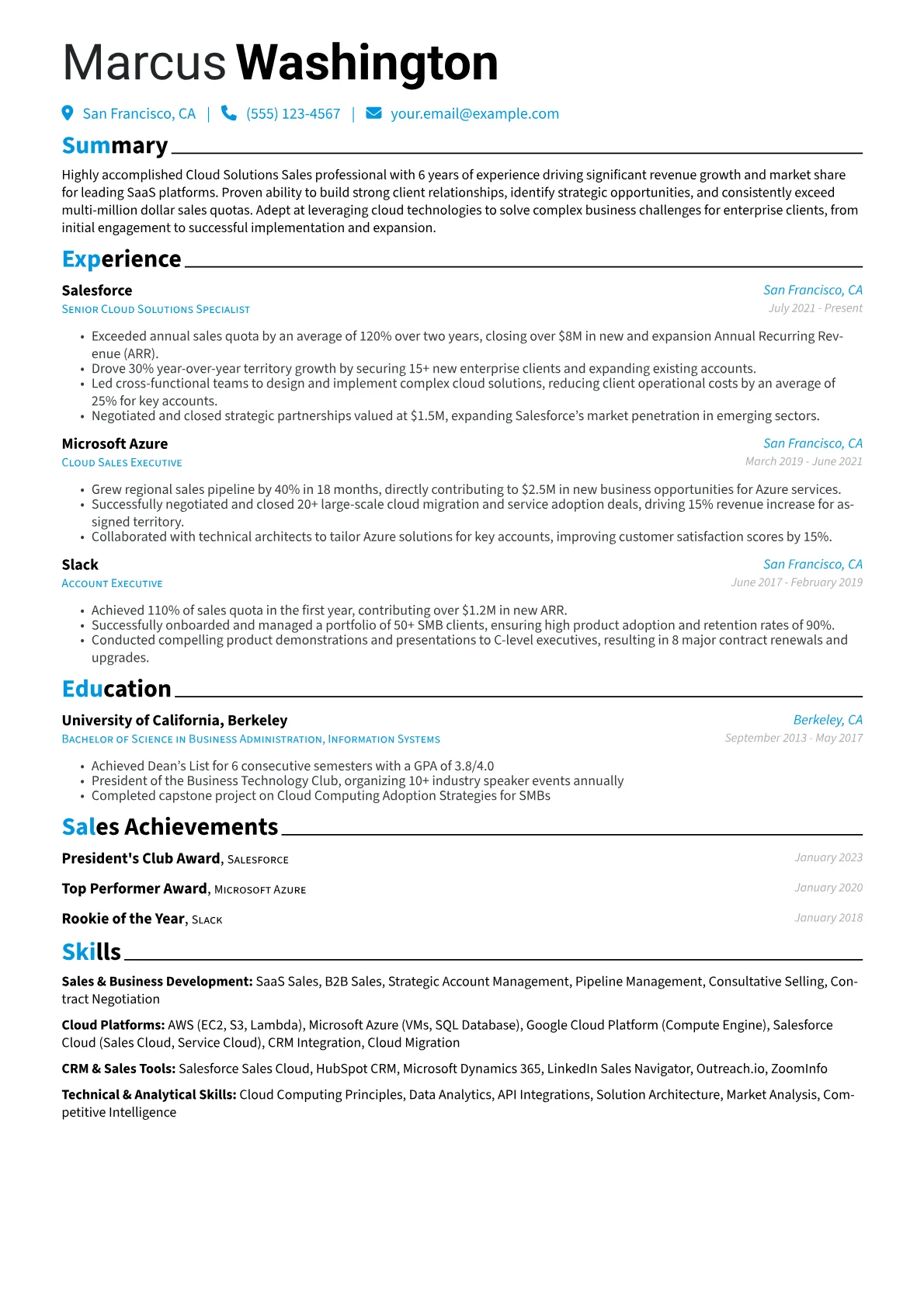 Cloud Solutions Sales Resume Example CV template - Page 1