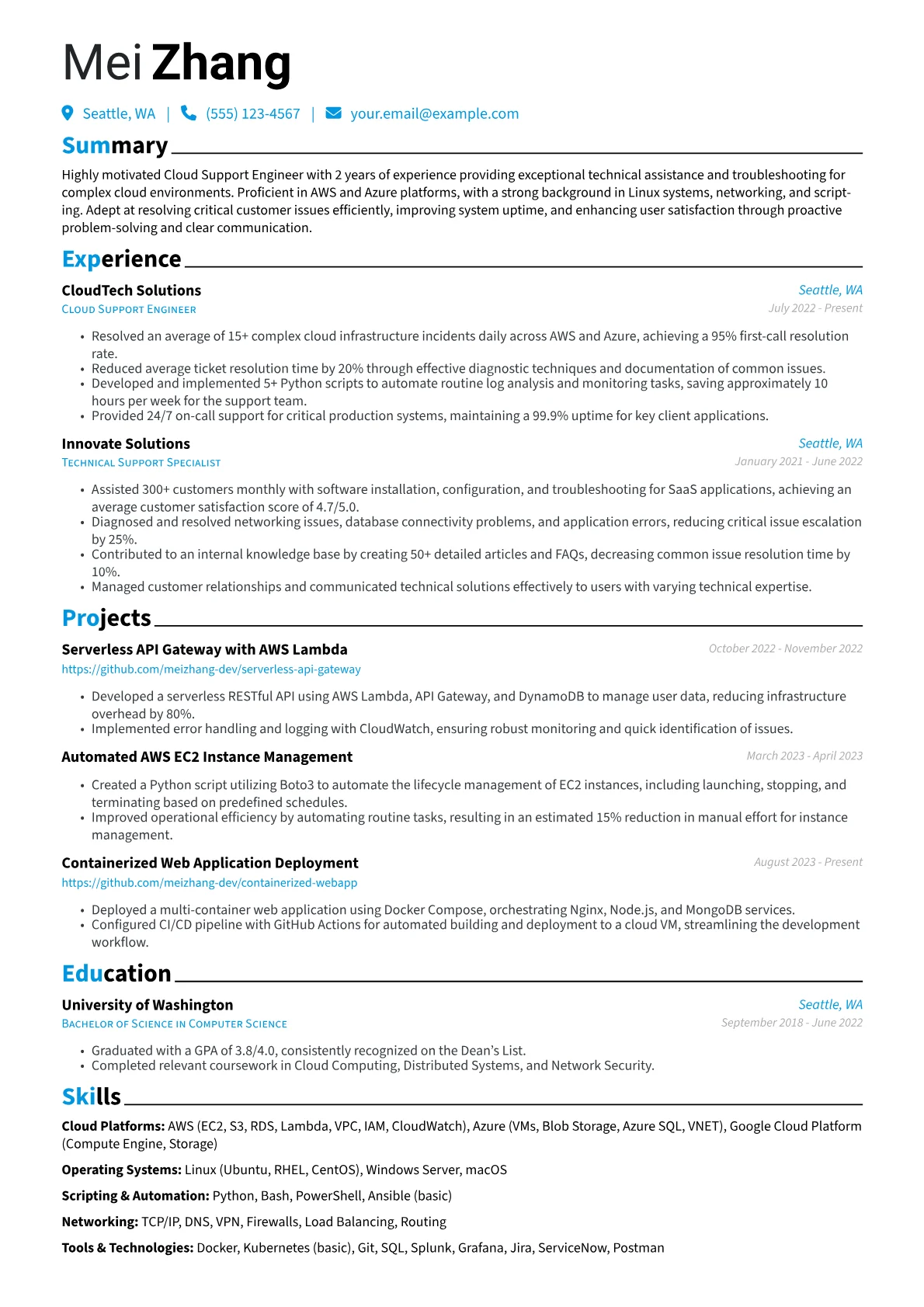 Cloud Support Engineer Resume Example CV template - Page 1