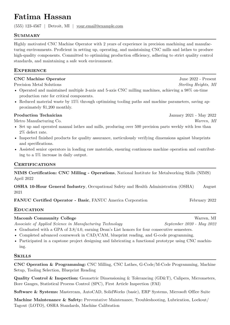 CNC Machine Operator Resume Example CV template preview