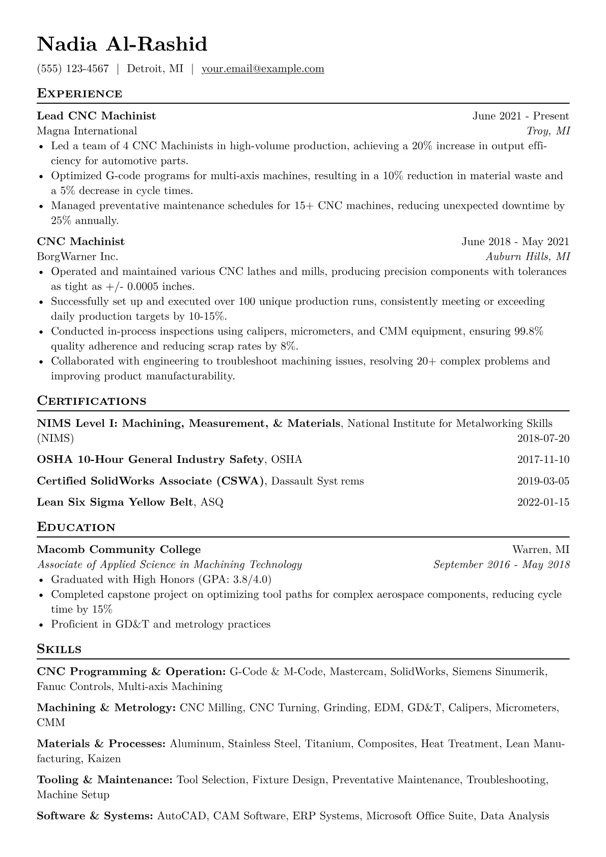 CNC Machinist Resume Example CV template - Page 1