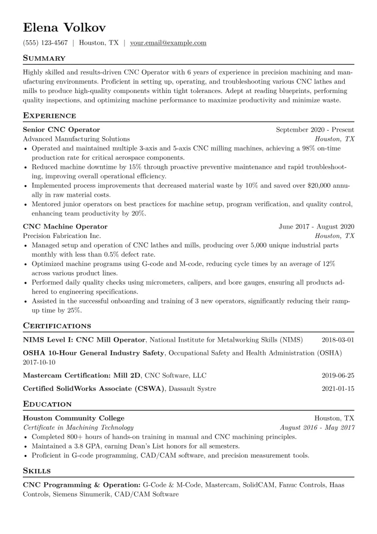 CNC Operator Resume Example