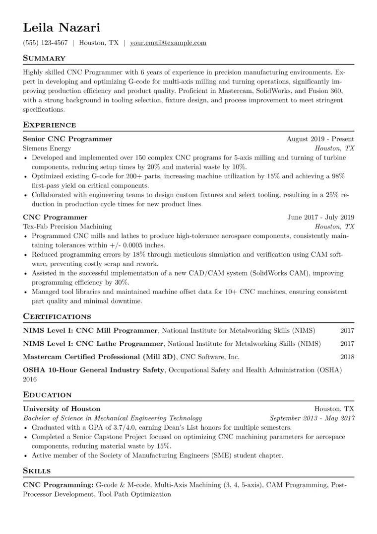 CNC Programmer Resume Example CV template preview