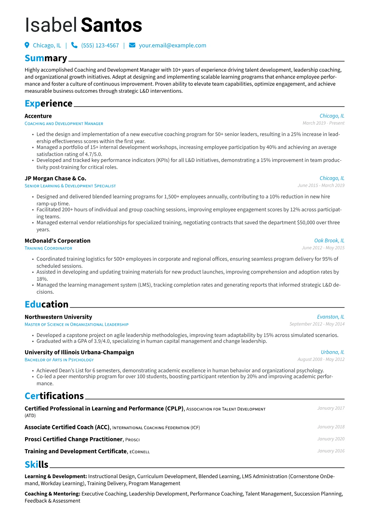 Coaching and Development Manager Resume Example CV template - Page 1
