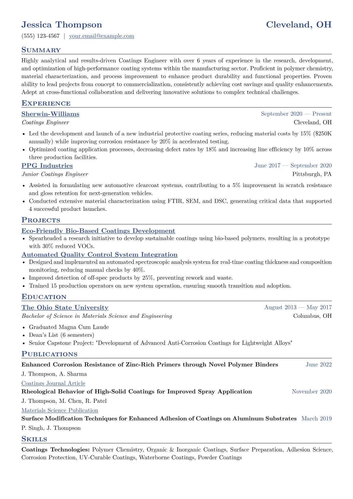 Coatings Engineer Resume Example CV template - Page 1