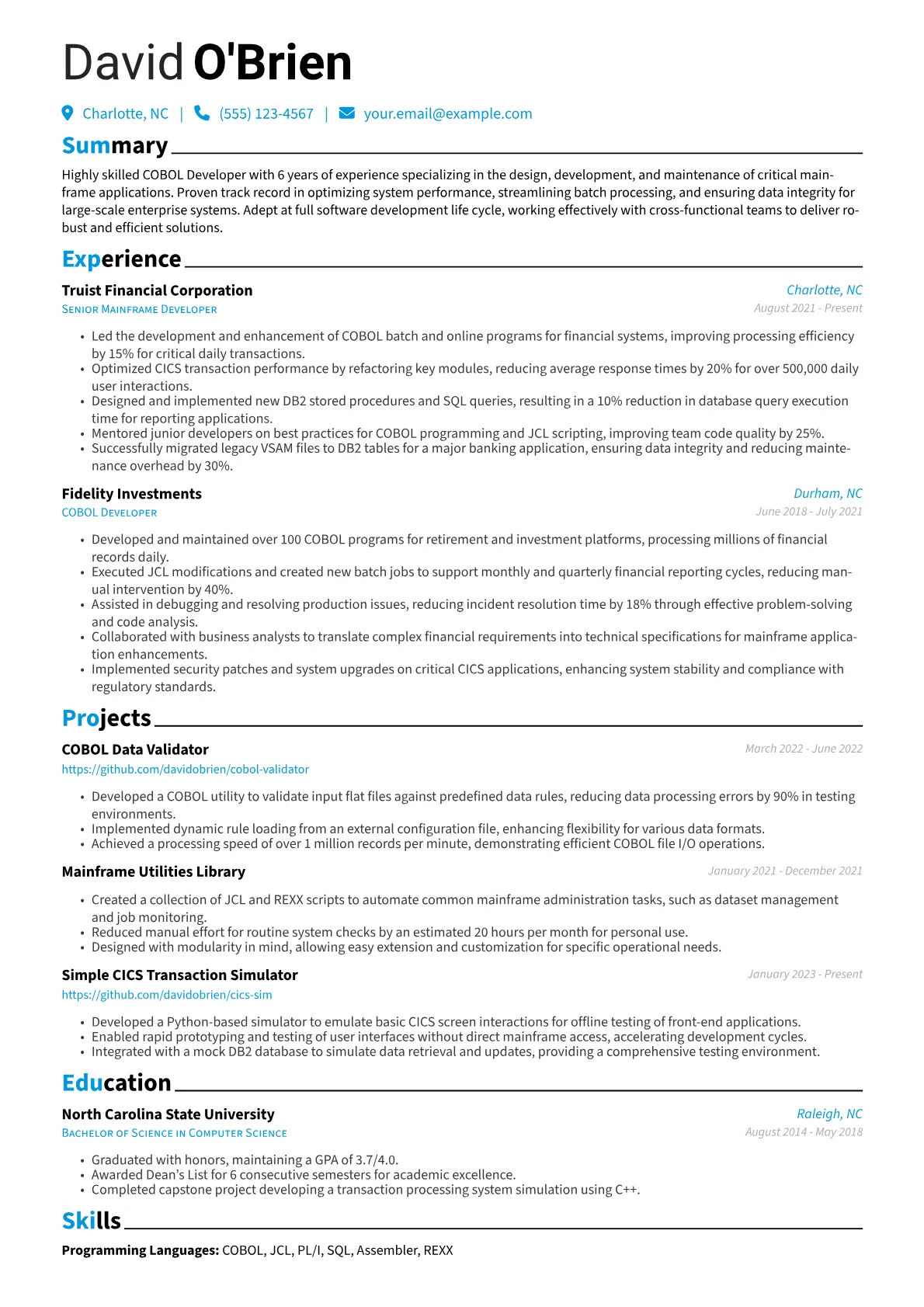 COBOL Developer Resume Example CV template - Page 1