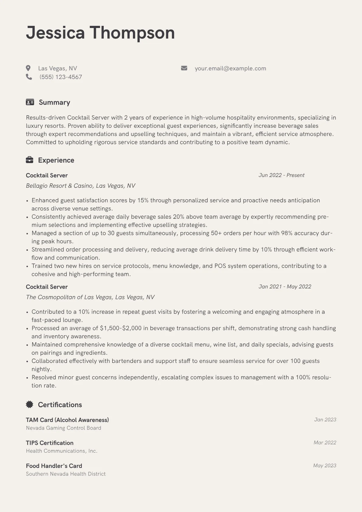 Cocktail Server Resume Example CV template - Page 1
